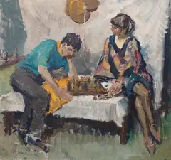 Antoni Suchanek, Szachy (Siatka matowa), 1970 r., 1970, gwasz na płycie pilśniowej