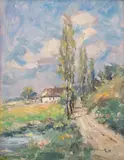 Pejzaż wiejski by Eugeniusz Dzierżencki, olej, tektura, 32, sold Sep 2025