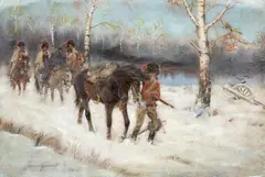Jerzy Kossak, Odwrót spod Moskwy, 1938 r., 1938, olej, tektura, 54