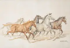 Karol Kossak, Pędzące konie, akwarela, papier