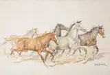 Karol Kossak, Pędzące konie, akwarela, papier