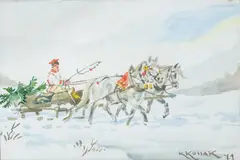 Karol Kossak, Zbliżają się święta, 1971 r., 1971, akwarela, papier, 19