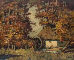 Rudolf Priebe, Młyn wodny, olej, płyta, 40