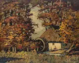 Rudolf Priebe, Młyn wodny, olej, płyta, 40