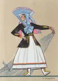 Zofia Stryjeńska, Kobieta w stroju kaszubskim, 1939 r., 1939, litografia, szablon ręcznie kolorowany gwaszem (pochoir)