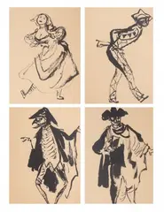 Jan Marcin Szancer, Postacie z przedstawienia „Sługa dwóch panów” Goldnoniego, 4 prace tusz, papier, 19