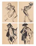 Jan Marcin Szancer, Postacie z przedstawienia „Sługa dwóch panów” Goldnoniego, 4 prace tusz, papier, 19