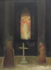 Jerzy Skrebec, Scena we wnętrzu, olej, płyta, 48