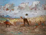 Żniwa by Eugeniusz Dzierżencki, olej, sklejka, sold Jun 2025