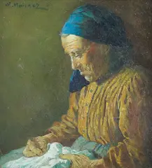 Salomon Meisner, Staruszka z robótką, olej, tektura