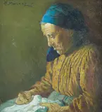 Salomon Meisner, Staruszka z robótką, olej, tektura