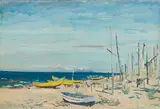 Włodzimierz Zakrzewski, Port rybacki w Jantarze, 1958, 1958, olej, karton