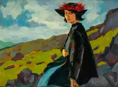 Gustaw Gwozdecki, Czerwone pióra - portret Dorelii McNeill, 1911 r., 1911, olej, płyta pilśniowa, 37