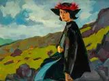Gustaw Gwozdecki, Czerwone pióra - portret Dorelii McNeill, 1911 r., 1911, olej, płyta pilśniowa, 37