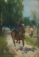 Wojciech Kossak, Pozdrowienie, olej, tektura, 24
