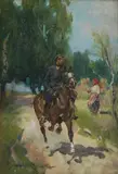 Wojciech Kossak, Pozdrowienie, olej, tektura, 24