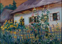 Malwy w ogrodzie by Mieczysław Filipkiewicz, olej, tektura, sold Jun 2025