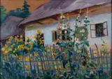 Mieczysław Filipkiewicz, Malwy w ogrodzie, olej, tektura