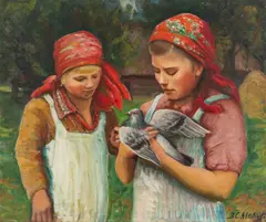 Józef Chlebus, Dziewczynki z gołabkiem, olej, tektura, 54