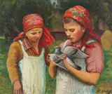 Józef Chlebus, Dziewczynki z gołabkiem, olej, tektura, 54
