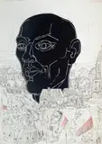 Edward Dwurnik, Słuchajcie sekretarza, z cyklu "Robotnicy", 1978-1979, linoryt, tusz, ołówek, kredka, papier