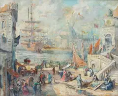 Jeremi Kubicki, W porcie, olej, tektura, 40