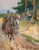 Wojciech Kossak, Patrol ułanów, 1925 r., 1925, olej tektura, 47