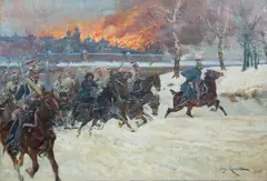 Jerzy Kossak, Odwrót spod płonącej Moskwy, 1925 r., 1925, olej, płótno, 96