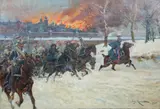Jerzy Kossak, Odwrót spod płonącej Moskwy, 1925 r., 1925, olej, płótno, 96