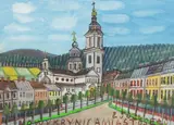 Nikifor Krynicki, Widok miejski z kościołem, akwarela, gwasz, ołówek, papier, 16