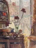 Fragment wnętrza pokoju, 1959 r. by Eugeniusz Dzierżencki, 1959, olej, płótno, sold May 2025