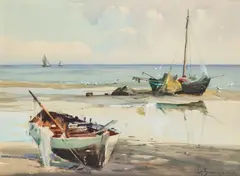 Henryk Baranowski, Łodzie na brzegu, gwasz, papier