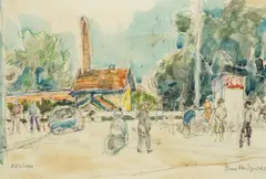 Jan Wodyński, Widok z Krosna, akwarela, ołówek, kredki, papier