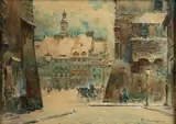 Widok na rynek z ul. Nowomiejskiej by Władysław Chmieliński, akwarela, papier, sold May 2025