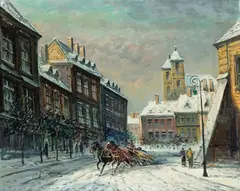 Zimowy widok miejski by Jan Rawicz, olej, płótno, sold May 2025
