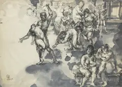 Tomasz Kazikowski, Herakles z Apellesem zwalczają niesolidność i korupcję wśród muz, 1995, 1995, akwarela, papier