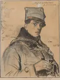 Leon Wyczółkowski, Portret podporucznika Józefa Relidzyńskiego, 1916, 1916, autolitografia, akwarela, papier