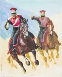 Szarża szwoleżerów gwardii cesarza Napoleona by Wieńczysław Pyrzanowski, gwasz, tektura, 25, sold Apr 2025