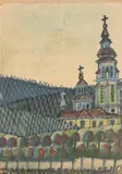 Nikifor Krynicki, Pejzaż z kościołem, ok. 1960 r., 1960, akwarela, papier