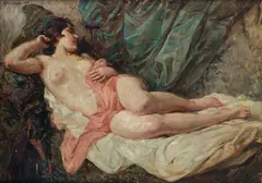 Stanisław Zawadzki, Akt leżący z różową draperią, 1933 r., 1933, olej, płótno