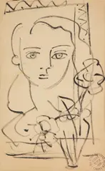 Portret kobiecy z kwiatami by Ludwig Klimek, flamaster, papier, sold Mar 2025