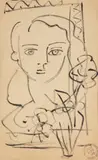 Ludwig Klimek, Portret kobiecy z kwiatami, flamaster, papier