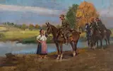 Jerzy Kossak, Ułani i dziewczyna nad wodą, 1929 r., 1929, olej, tektura