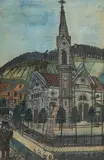 Nikifor Krynicki, Wieża zegarowa, akwarela, papier, 23