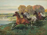 Tadeusz Kokietek, Konie w galopie, 1972 r., 1972, olej, płótno, 49
