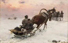 Alfred Wierusz-Kowalski, Zimowe spotkanie. Myśliwi w drodze na polowanie, lata 1890–1900, olej, deska