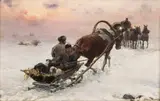 Alfred Wierusz-Kowalski, Zimowe spotkanie. Myśliwi w drodze na polowanie, lata 1890–1900, olej, deska