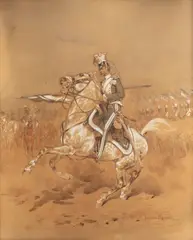 Juliusz Kossak, Ułan na koniu, 1884 r., 1884, akwarela, gwasz, tektura, 45
