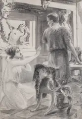 Jan Styka, Szkic do „Quo vadis” Henryka Sienkiewicza, „Eunica tomba a genoux et l`adjura” (Eunica padła na kolana i błaga) tusz lawowany, czarna kredka, papier
