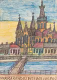 Kościół św. Józefa w Krakowie, lata 1960-te by Nikifor Krynicki, kredka, papier, 24, sold Jan 2025